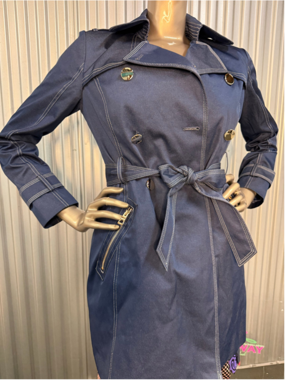GUESS Blue Belted Trench Coat Gold Zip Small S CH/P Jacket